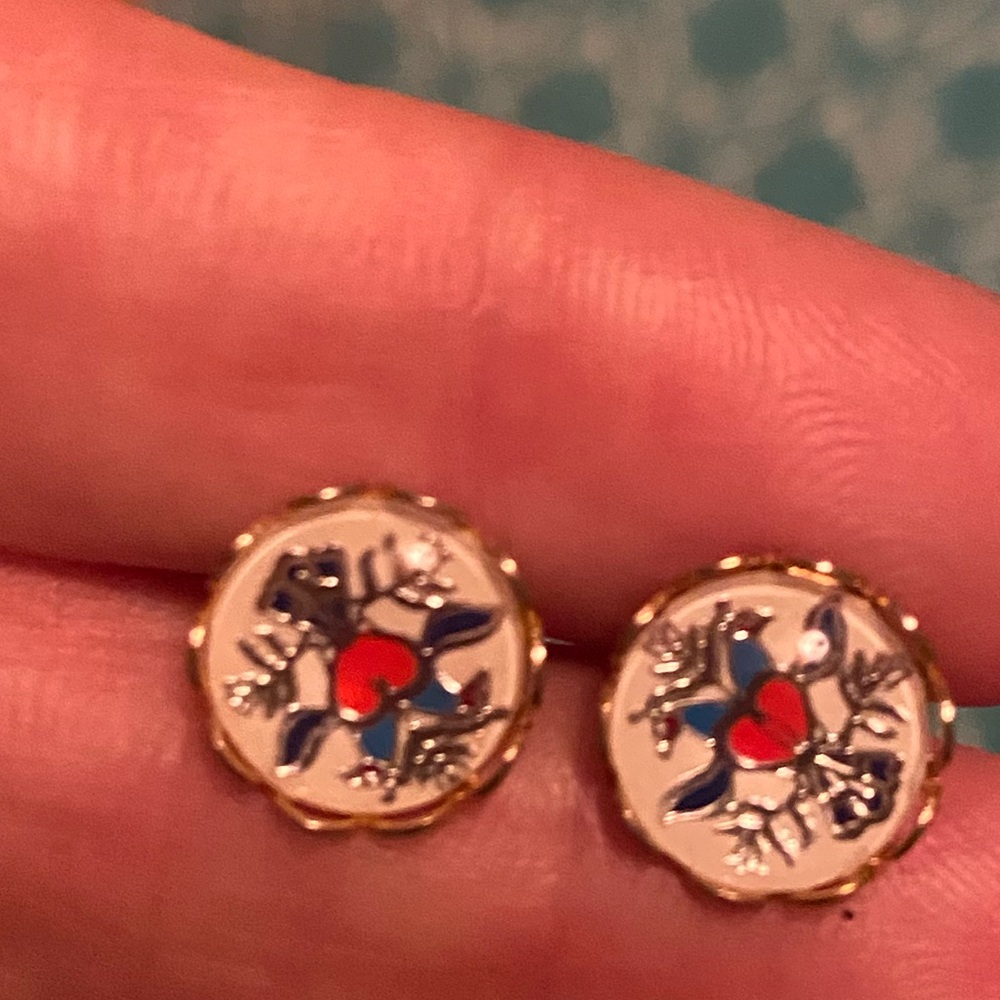 Vintage Gold-Tone Heart & Dove Enamel Earrings – Cloisonné Style - Picture 2 of 3
